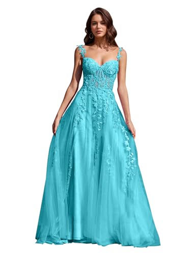 Image of Long Tulle Prom Dresses 2025 V Neck Floral Long Ball Gowns for Women Lace Applique Formal Evening Gowns ACE159