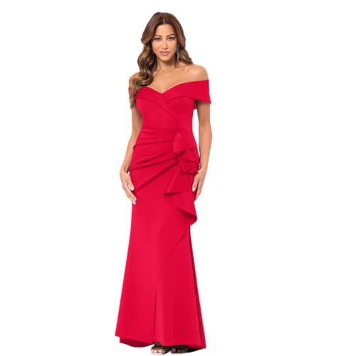 Image of Xscape Women's Long Off-the-Shoulder Sweetheart Neckline Formal Evening Gown with Ruching and Draped Ruffle Detail