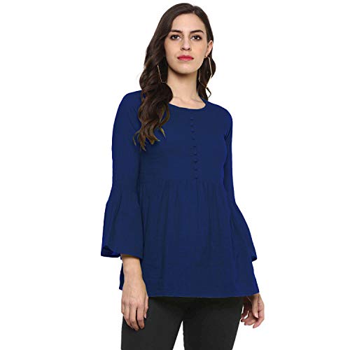 Image of Cotton Plain and Solid Bell Sleeve A-Line Short Round Neck Flared Tunic Top for Girls Women