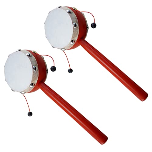 FELTECHELECTR 2pcs Rattle Drum Wooden Hand Bell Sheepskin Surface Interactive Musical for Boy Girl Stimulates Hearing Motor Skills Safe Design White Painted