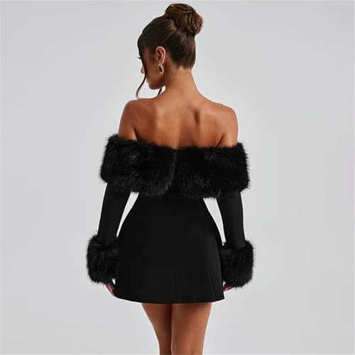 Wirunsy Women\'s Off Shoulder Long Sleeves Wedding Dress for Bride Satin Knee Length Prom Bridal Shower Dress Faux Fur Mini Gowns White 0 - Thumbnail 7