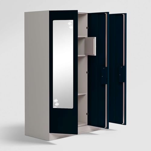 Image of Interio by Godrej Almirah Slimline 3-Door Steel Almirah, Cupboard for Clothes (Pacific Blue), 1-Year Warranty, 6 Shelves, 1 Locker, 2 Drawers, Star Design Mirror