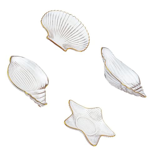 Toyvian Bandeja para Servir Frutas Transparente Borde Dorado, Set de 4 Platos Multifunción para Exhibición de Joyas y Almacenamiento, Diseño Marino Conchas, Adecuado para Hogar y Cocina