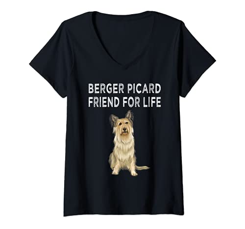 Womens Berger Picard Friend For Life Dog Friendship V-Neck T-Shirt, Black