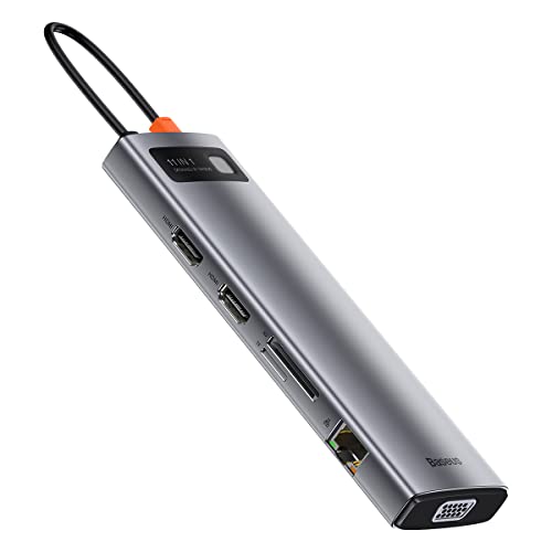Image of Baseus Metal Gleam 11-in-1 USB-C Hub Docking Station | Dual HDMI 4K, VGA, RJ45, 100W PD, 3xUSB 3.0, SD /TF, AUX Audio | Triple Display Type-C Adapter for MacBook, Windows, and Laptops (Grey)