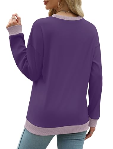 Image of Saloogoe Sweatshirts for Women Crewneck Long Sleeve Loose Fit Tops Color Block Ribbed Trim Fashion 2025