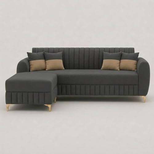 Image of CASASTYLE Signature Velour 4-Seater L-Shape Sofa Set with Movable Ottoman | Flexible LHS /RHS Layout | Boston Matte Fabric | 40D Foam + Zigzag Spring | 3-Yr Warranty (Ash Grey)