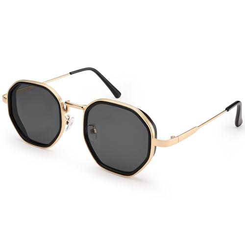 Dollger Retro Octagon Sunglasses for Men Women, Trendy Metal Frame Geometric Polygon Square Funky Gradient Style UV400 Protection Vintage Shades Black Golden