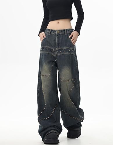 Street Fashion Loose Jeans Women's Y2k Rivet Star Gothic Loose Denim Pants2