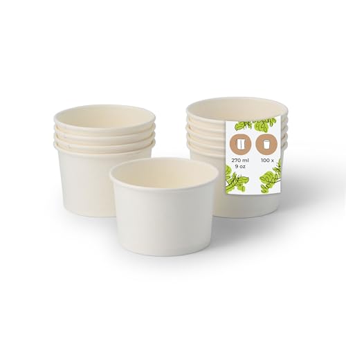 BIOZOYG Pots à Glace en Carton 100 Pièces 200 ml / 8 oz Blanc - Pot de Glace Jetables Enduites - Bols Coupes à Dessert Gobelets à Glace en Papier à Snacks...