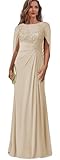 Lace Long Mother of The Bride Dresses for Wedding Guest Champagne Formal Evening Gown with Cape Sleeve Size 12