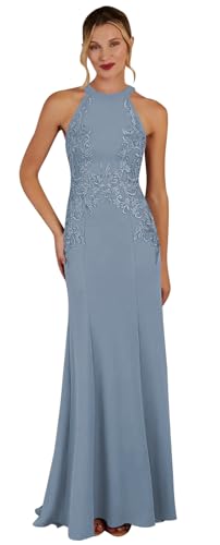 Mermaid Mother of The Bride Dresses for Women 2025 Lace Applique Halter Long Formal Dresses for Wedding Guest Satin Mother of Groom Dress Steel Blue Us8