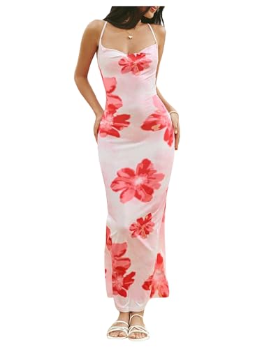 Image of GORGLITTER Women's Floral Open Back Bodycon Maxi Dresses Bow Tie Wedding Guest Birthday Going Out Party Long Dress