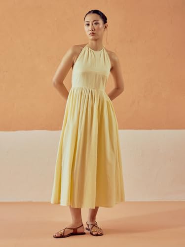 Image of FIORRA Women's Light Yellow Solid Linen Midi Dress