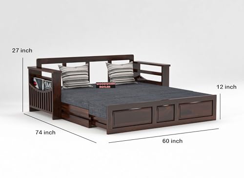 Image of Solid Sheesham Wooden Sofa Cums Bed with Mattresses for Living Room|Rosewood 3-Person Sofa Cums Bed for Bedroom Without Pillow (D-Walnut Finish)