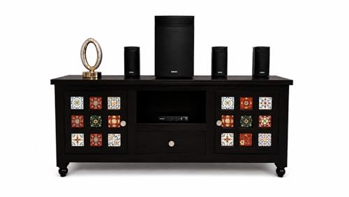Image of Solid Sheesham Wood TV Entertainment Unit 1 Drawer 2 Door Cabinet with Handcrafted Multicolor Tile Design (Walnut)