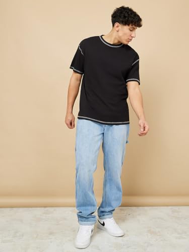Image of Men's Oversized Crew Neck T-Shirt | Premium Cotton Blend | Contrast Stitch Detail | Half Sleeve Casual Solid Tee for Men