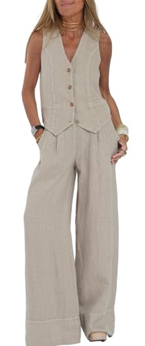 Geagodelia Tailleur Elegante Completo 2 Pezzi: Blazer Donna, Gilet e Pantaloni a Gamba Larga (Beige, S)