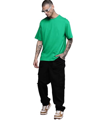 Image of LEOTUDE Half Sleeve Oversized Tshirt for Men, Round Neck Cottonblend Drop Shoulder Solid T-Shirt (Color Multicolor)