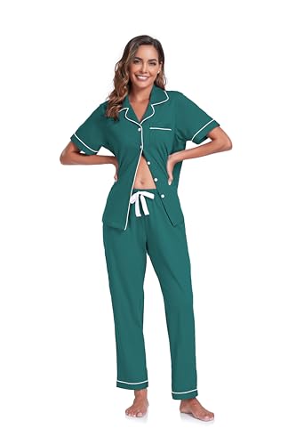 Image of COLORFULLEAF Women's 100% Cotton Pajamas Set Button Down Sleepwear Short Sleeve Shirt and Long Pants Soft Ladies Lounge Sets