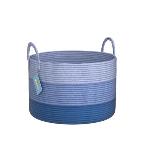 Image of OrganiHaus Round Toy Basket & Blanket Basket, Cotton Rope 20x13 inch | 3-Toned Blue - Round Cotton Rope Basket, 20x13 inch