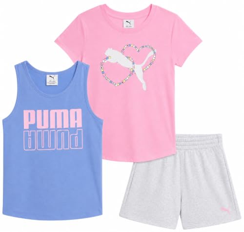 Image of PUMA Girls Active Shorts Set - 3 Piece Performance T-Shirt, Tank Top, Gym Shorts - Summer Athletic Outfit for Girls (7-14)