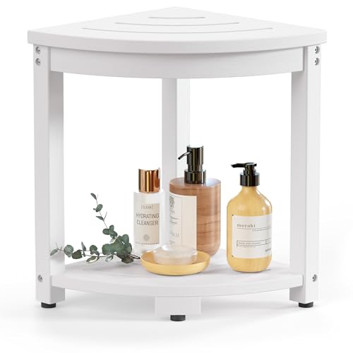 BEKVEM Waterproof Corner Shower Stool for Inside Shower HIPS Shower Bench Seat Chair Poly Lumber Bath Shower Stool for Shaving Legs Foot Rest with Storage Shelf Adjustable & Non-Slip Feet White