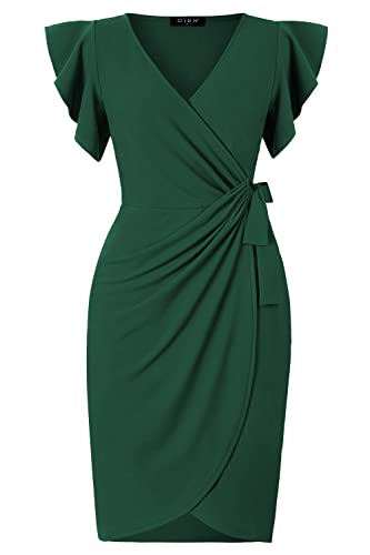 Image of oten Womens Deep V Neck Ruffle Sleeve Sheath Casual Cocktail Party Work Faux Wrap Dress