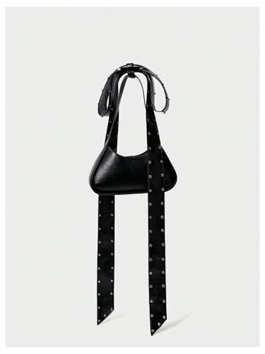 MakeMeChic Women's Faux Leather Bow Knot Shoulder Handbags Studded Y2k Crescent Clutch Bag2