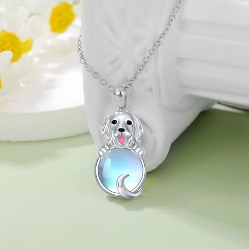 DOLPHERS Hunde-Halskette aus 925er Sterlingsilber für Damen, Mondstein-Hündchen-Anhänger, Schmuck, Gedenkgeschenke für Hundeliebhaber(Golden Retriever)