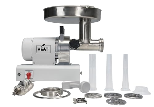 MEAT! 1 HP Dual Meat Grinder with 3 Stuffing Tubes, 2 Stainless Steel Grinding Plates, and a Stainless Steel Stuffing Plate for Making Ground Meat