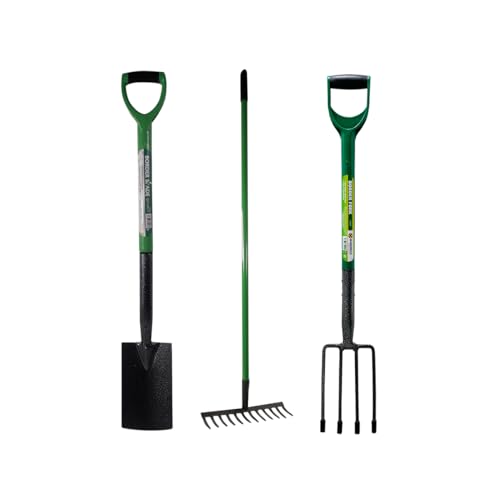3 Piece Garden Digging Spade, Border Fork & Lawn Rake - Gardening Soil Weed Farm Set Handle | Heavy Duty Carbon Steel | Cultivating All Types Of Soil | Lawn Raking, Spading & Planting - 3pc