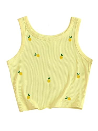 SweatyRocks Women's Chili Pepper Embroidery Crop Tops Casual Summer Crewneck Ribbed Tank Top Yellow Lemon Medium