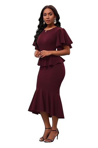 Image of Womens Summer Ruffle Short Sleeve Fishtail Dress Evening Cocktail Formal Peplum Midi Mermaid Dresses Elegant