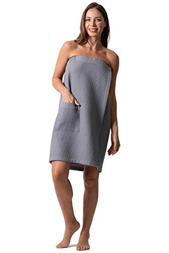 Indulge Linen Women Spa/Bath Adjustable Closure Waffle Body Wrap with a Pocket (Gray, XX-Large)