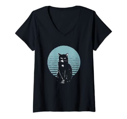 Mujer Cute Tuxedo Cat Gift Retro Colors for Animal Lovers Kitten Camiseta Cuello V