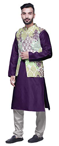 Atasi Men Mandarin Collar Solid Kurta Churidar Pajama & Printed Nehru Jacket Set2