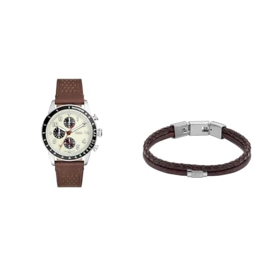 FOSSIL Reloj Hombre Sport Tourer y Pulsera Jewelry, Cuero Marrón, Set