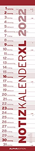 Notizkalender XL ROT 2022 - Streifenplaner - Wandplaner - Küchen-Kalender - 15x64