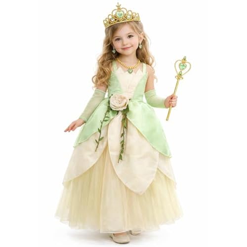 CQDY Princess Costume for Girls Fancy Fairy Halloween Party Dress Up Toddler Baby Tale Role Play Green Dress Tiana 2 4-5 years