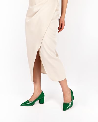 AUMOTED Women's Green Chunky Block Heel Pumps Pointed Toe Slip On Chunky Mid Heels Ladies Work Office Dress Shoes 2.5 Inches Patent Leather Green US Size 72