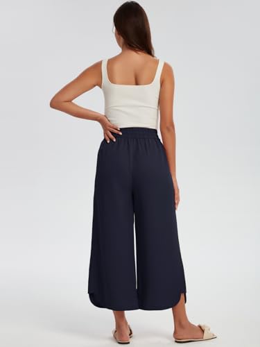 Les umes Womens Linen Wide Leg Cropped Pants High Elastic Waist with Drawstring Casual Summer Ankle Trousers4