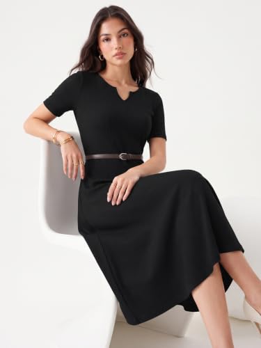 Image of Selvia Women Textured Lycra V-Neck A-Line Dress with Belt