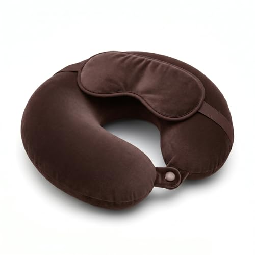 Image of Travel Neck Pillow for Adults, Fiber Filled U-Shaped Neck Support Pillow with Button Closure, Soft Plush Neck Cushion for Airplane, Car, Office & Travel (Brown)