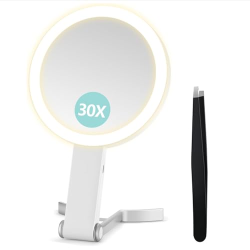 B Beauty Planet Magnifying Mirror with Light Double Sided 30X/1X Magnifying Mirror Travel Makeup Mirrors with 3 Color Lights Foldable Makeup Mirrors with Tweezer Handheld/Tabletop