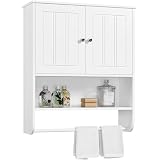 Yaheetech Bathroom Wall Cabinet, Over The Toilet Storage Cabinet with Adjustable Shelf, Hanging Storage Cupboard with 2 Doors, 24″ L × 8″ D × 28″ H, White