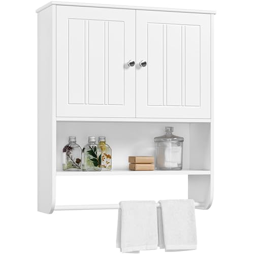 Yaheetech Bathroom Wall Cabinet, Over The Toilet Storage Cabinet with Adjustable Shelf, Hanging Storage Cupboard with 2 Doors, 24″ L × 8″ D × 28″ H, White