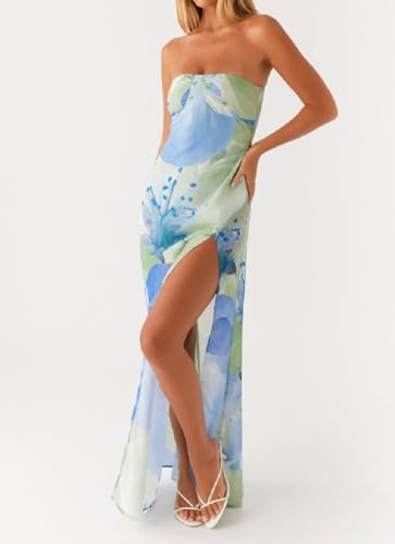 Image of Women Floral Strapless Maxi Dress Y2K Bodycon Tube Long Dresses Sexy Party Formal Cocktail Beach Slit Dress