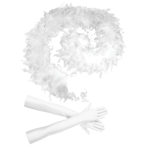 XPEX 1 PCS Bufanda de plumas blancas con 1 par de guantes de spandex blancos de 53 CM, adecuada para disfraces de Halloween, fiestas, mujeres y niñas.