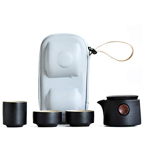 Portable Teacups Ceramic Tea Set Black Glaze Chinese Tea Cup Set Tea Pot Set Japanese-style Pottery Sandalwood Handle Teacups Set for Travel Home Office Tea Set Bag Black